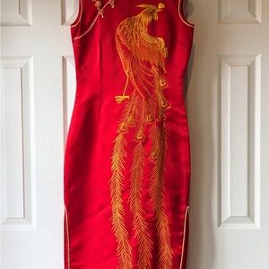 Elegant Handmade Red Dress with Gold Embroidery